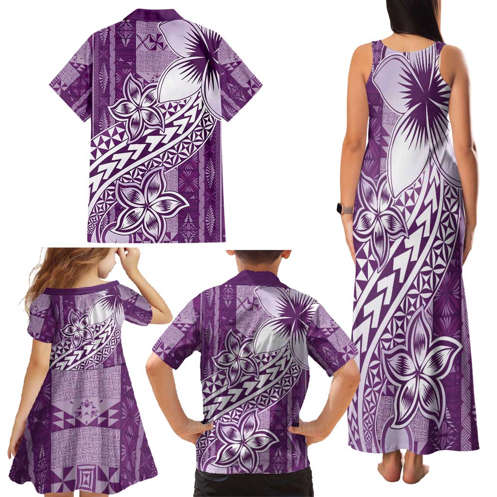 Tonga Kupesi Ngatu Family Matching Tank Maxi Dress and Hawaiian Shirt Vintage Purple Plumeria