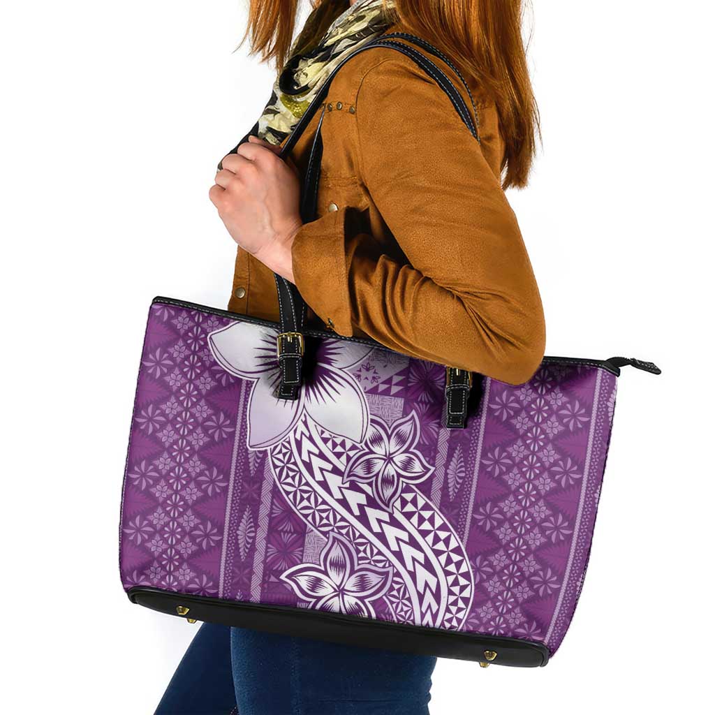 Tonga Kupesi Ngatu Leather Tote Bag Vintage Purple Plumeria LT05 Purple - Polynesian Pride