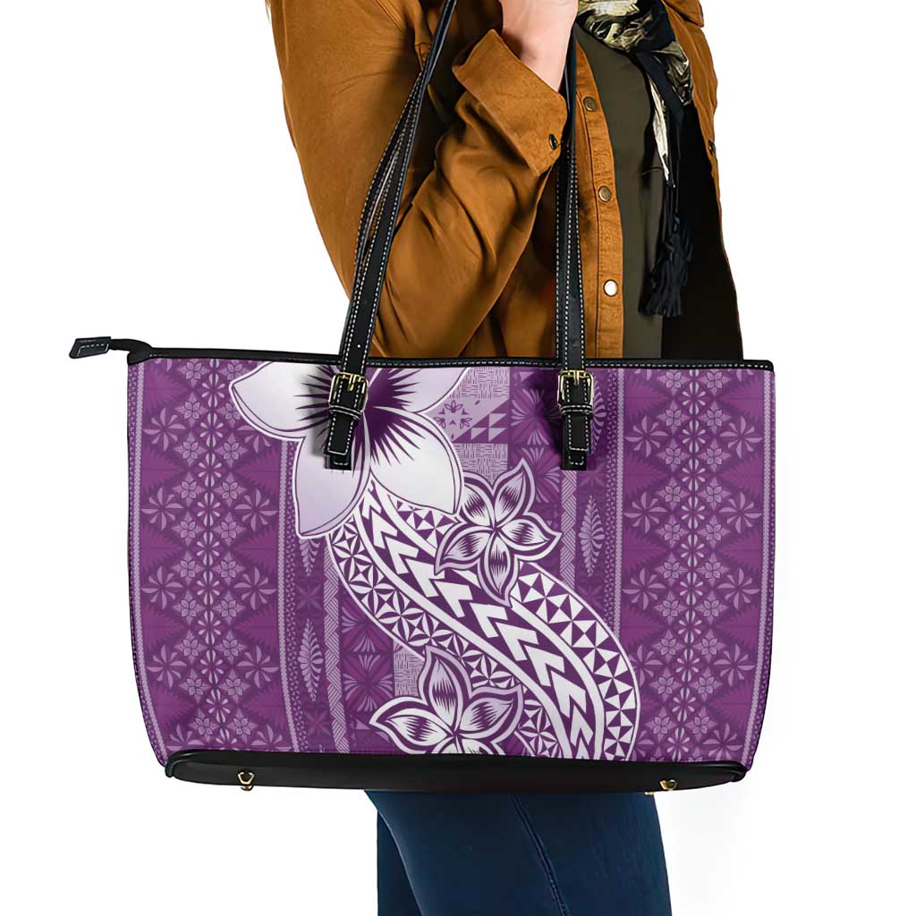Tonga Kupesi Ngatu Leather Tote Bag Vintage Purple Plumeria