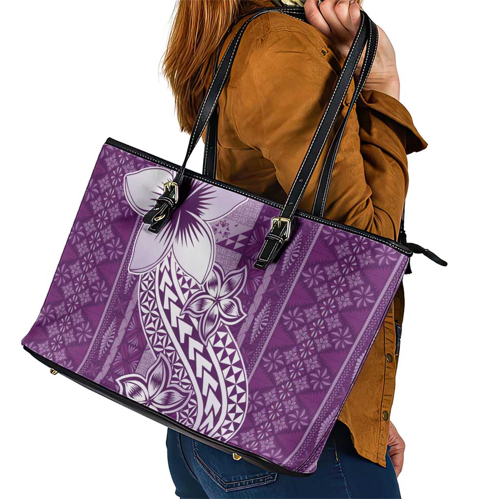 Tonga Kupesi Ngatu Leather Tote Bag Vintage Purple Plumeria