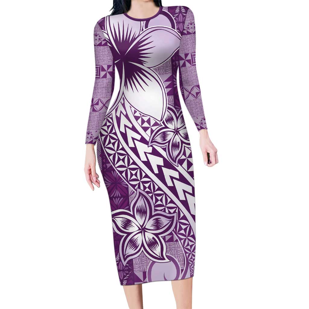 Tonga Kupesi Ngatu Long Sleeve Bodycon Dress Vintage Purple Plumeria