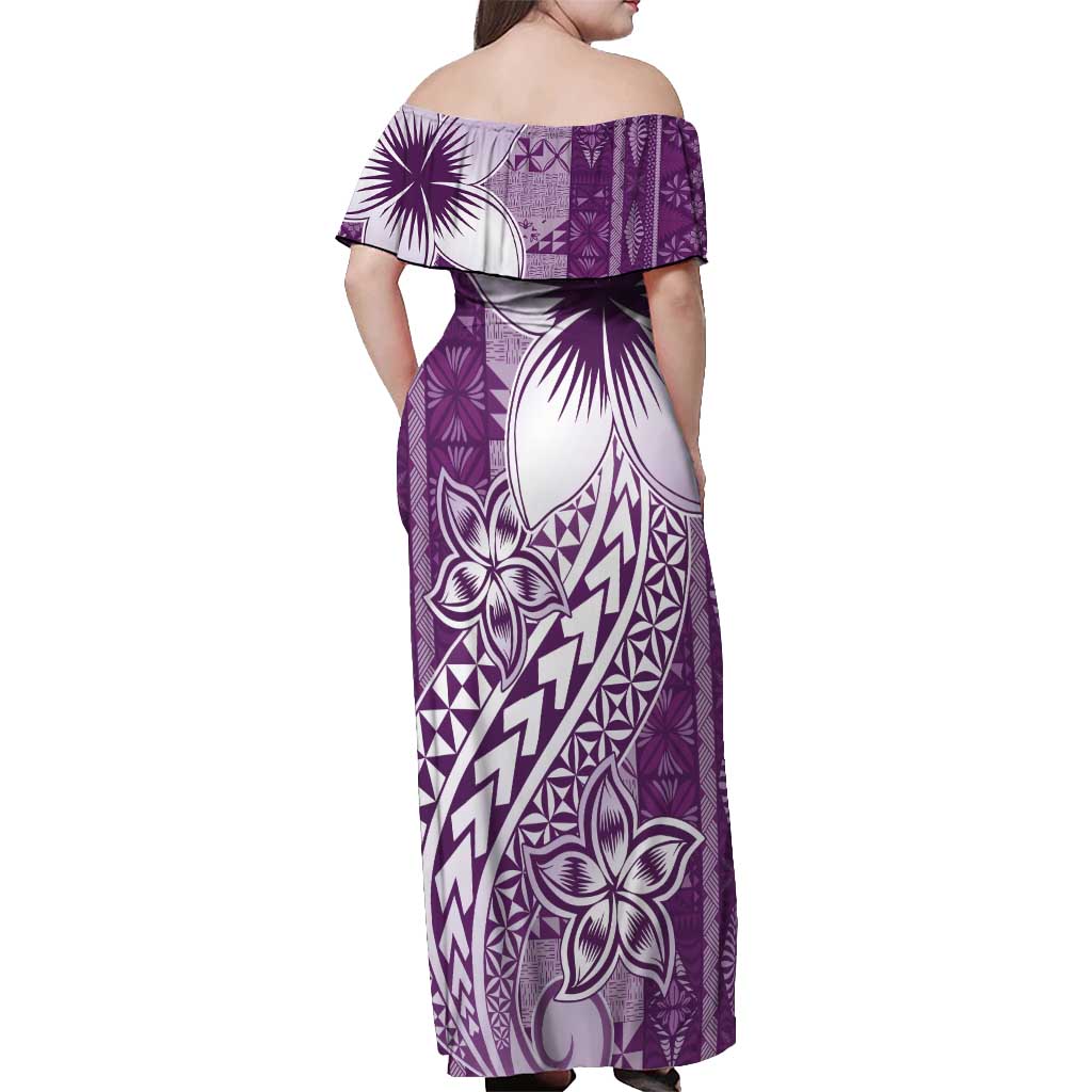 Tonga Kupesi Ngatu Off Shoulder Maxi Dress Vintage Purple Plumeria