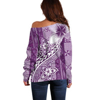 Tonga Kupesi Ngatu Off Shoulder Sweater Vintage Purple Plumeria