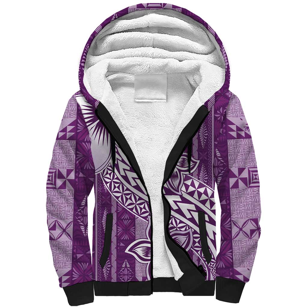 Tonga Kupesi Ngatu Sherpa Hoodie Vintage Purple Plumeria