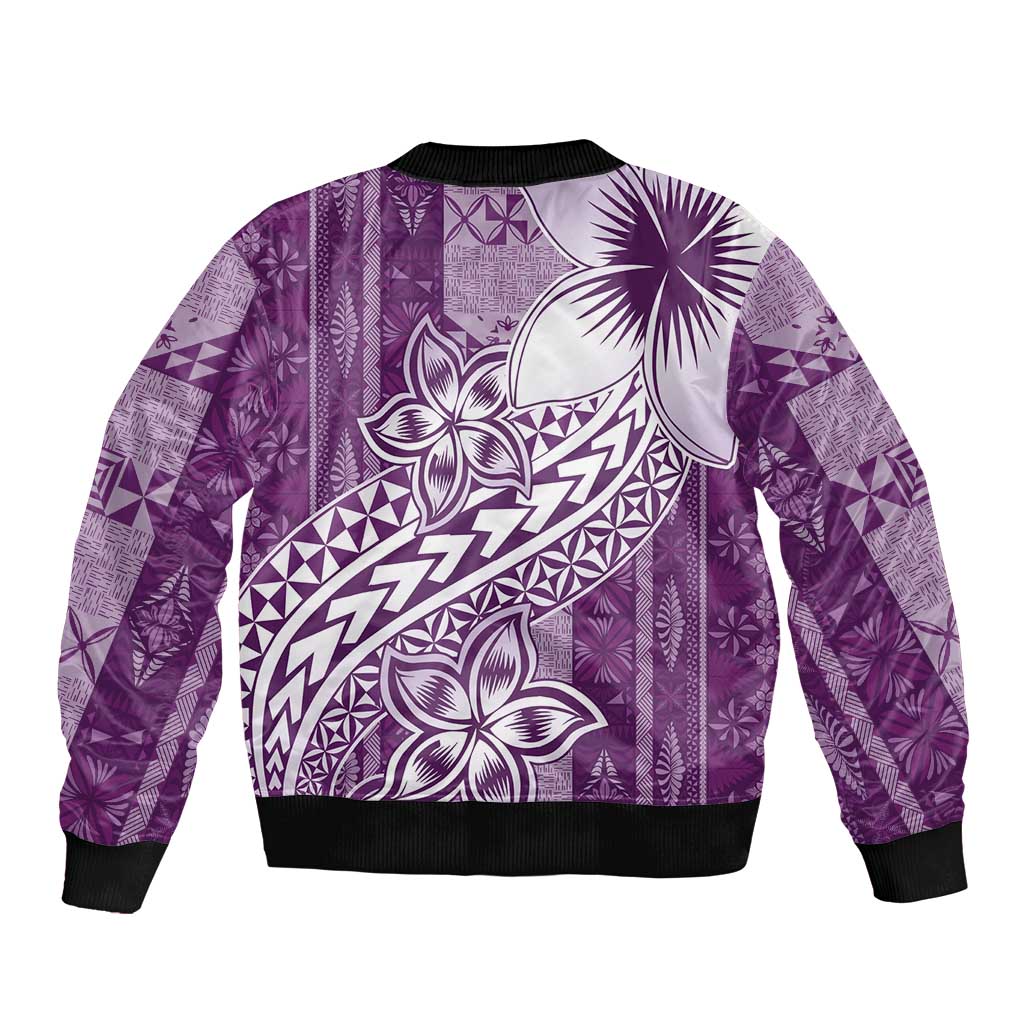 Tonga Kupesi Ngatu Sleeve Zip Bomber Jacket Vintage Purple Plumeria