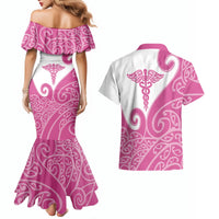 Personalised New Zealand Nurse Couples Matching Mermaid Dress and Hawaiian Shirt Maori Koru Pink Version
