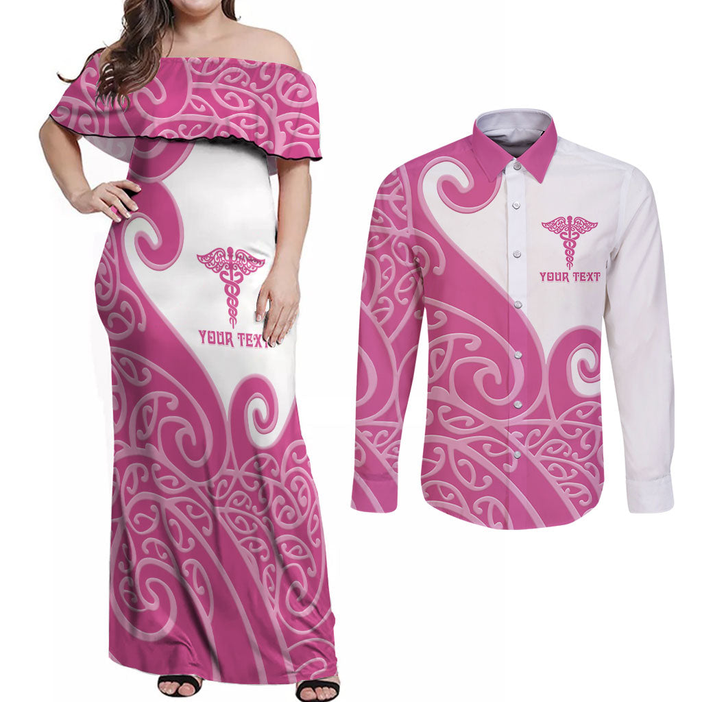 Personalised New Zealand Nurse Couples Matching Off Shoulder Maxi Dress and Long Sleeve Button Shirt Maori Koru Pink Version