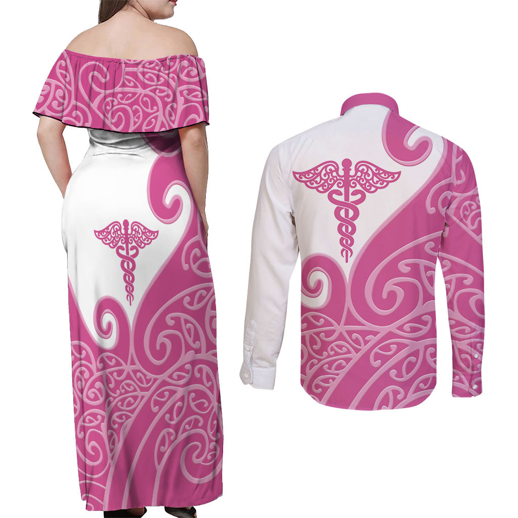 Personalised New Zealand Nurse Couples Matching Off Shoulder Maxi Dress and Long Sleeve Button Shirt Maori Koru Pink Version