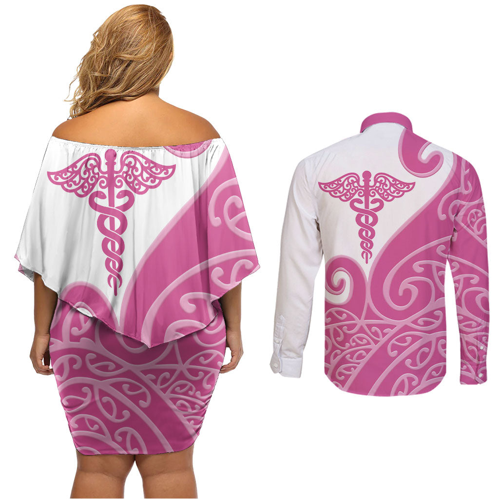 Personalised New Zealand Nurse Couples Matching Off Shoulder Short Dress and Long Sleeve Button Shirt Maori Koru Pink Version