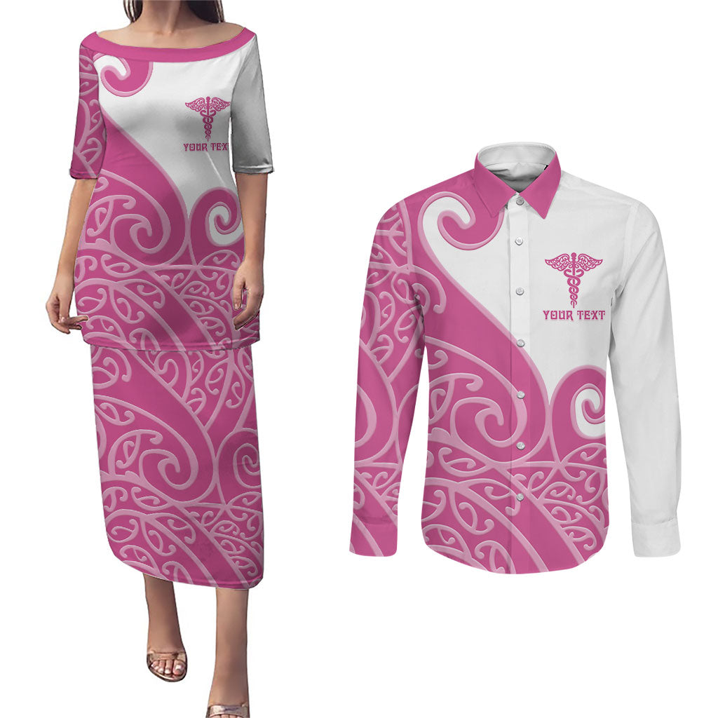 Personalised New Zealand Nurse Couples Matching Puletasi and Long Sleeve Button Shirt Maori Koru Pink Version