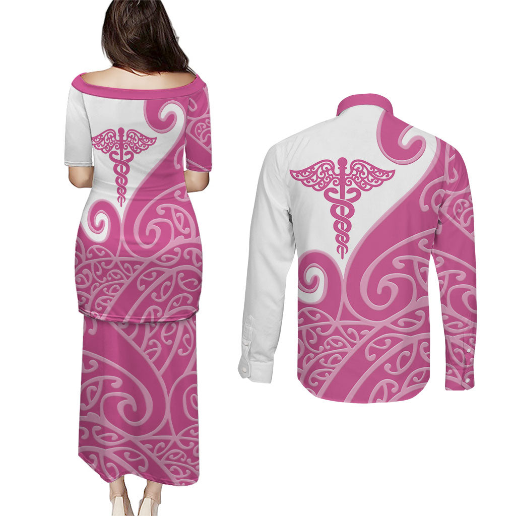 Personalised New Zealand Nurse Couples Matching Puletasi and Long Sleeve Button Shirt Maori Koru Pink Version