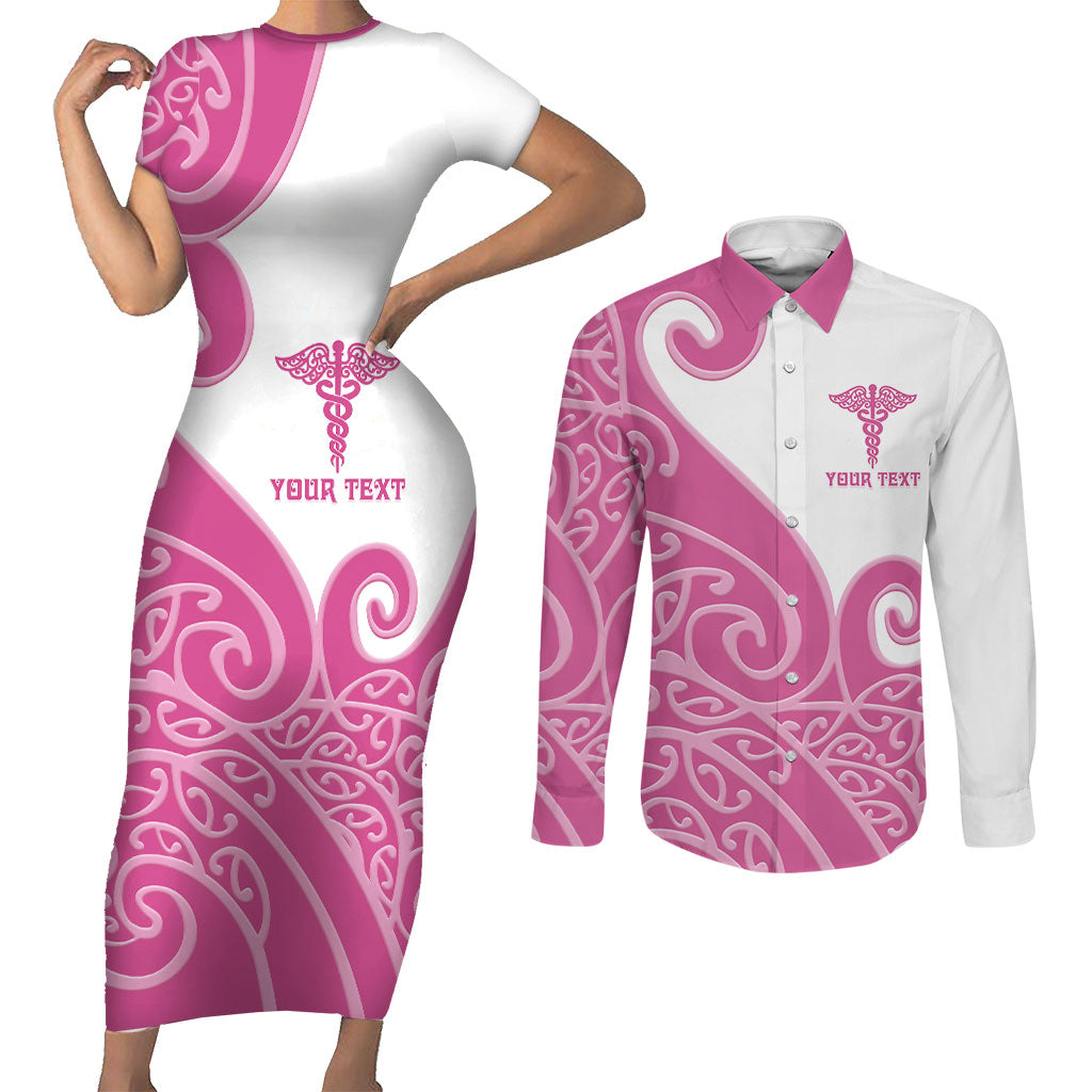 Personalised New Zealand Nurse Couples Matching Short Sleeve Bodycon Dress and Long Sleeve Button Shirt Maori Koru Pink Version LT05 Pink - Polynesian Pride