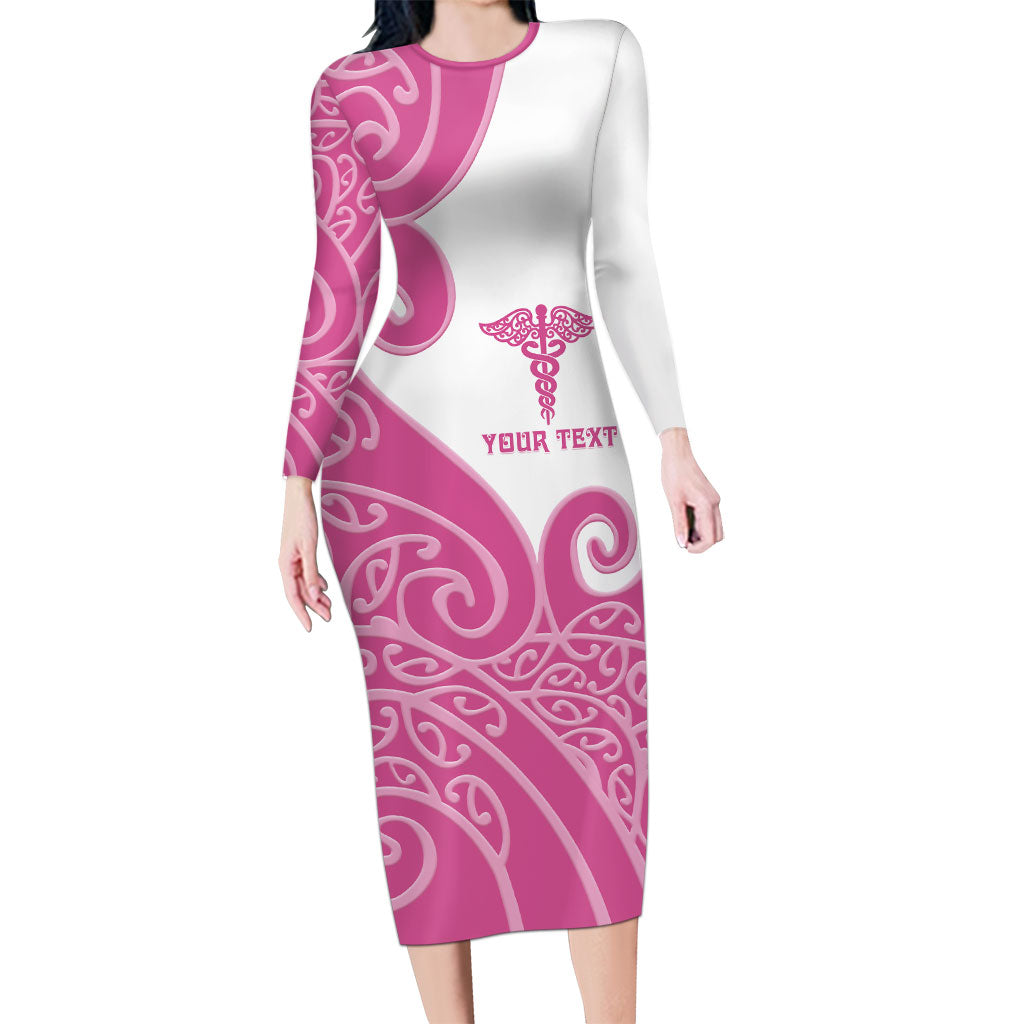 Personalised New Zealand Nurse Family Matching Long Sleeve Bodycon Dress and Hawaiian Shirt Maori Koru Pink Version