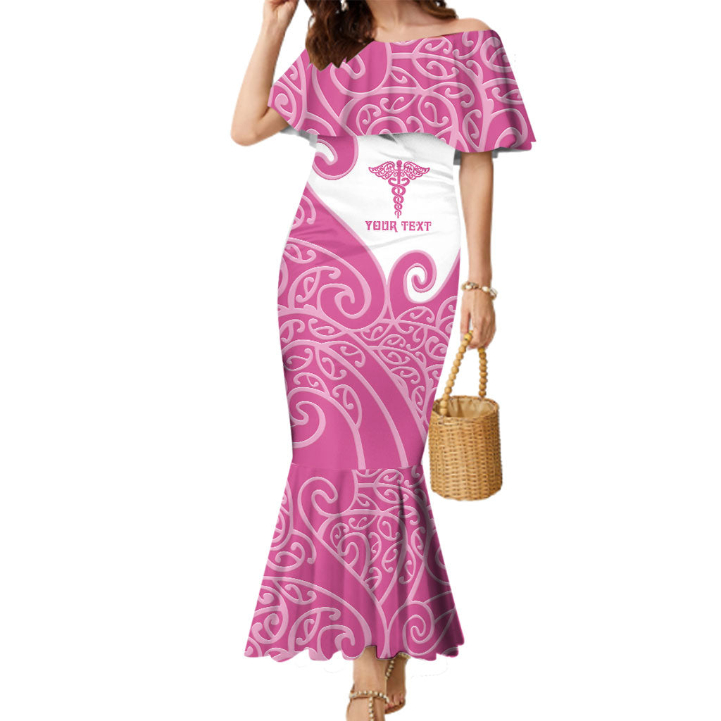 Personalised New Zealand Nurse Family Matching Mermaid Dress and Hawaiian Shirt Maori Koru Pink Version