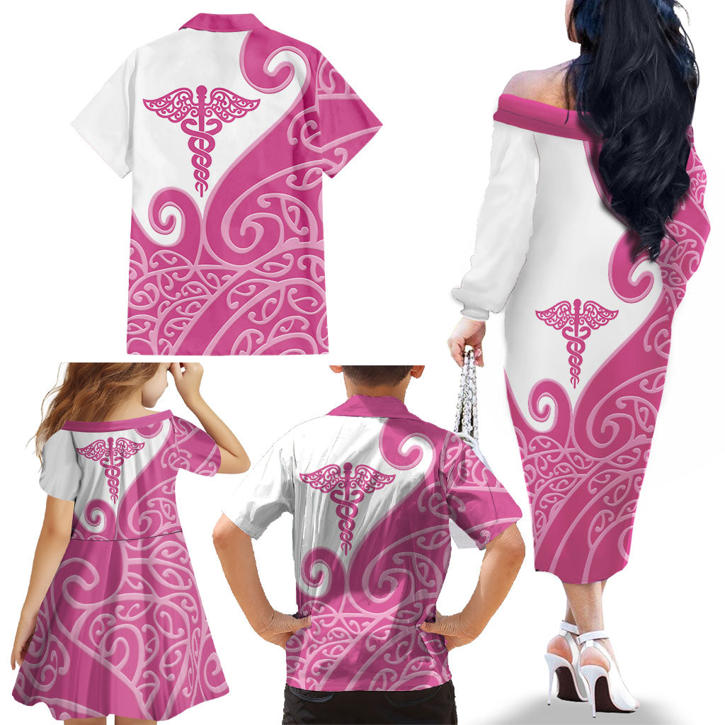 Personalised New Zealand Nurse Family Matching Off The Shoulder Long Sleeve Dress and Hawaiian Shirt Maori Koru Pink Version