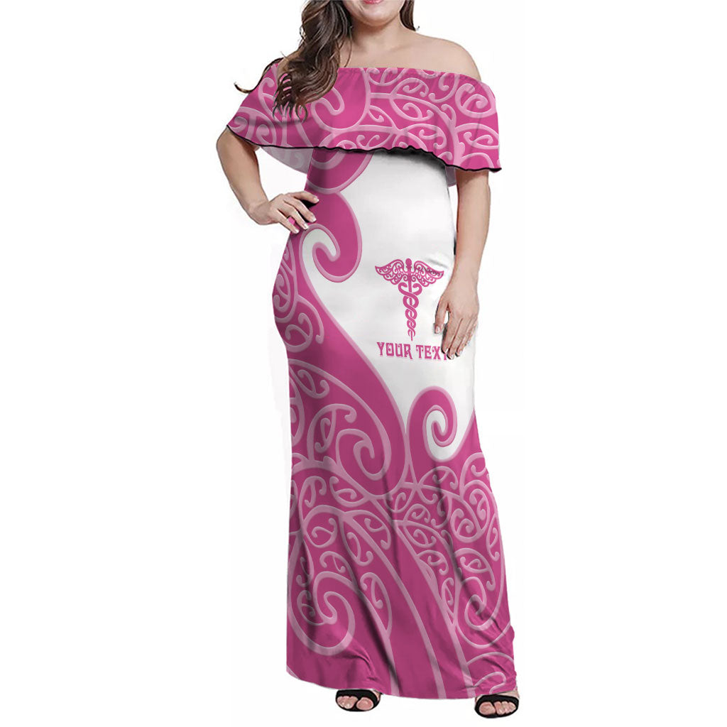 Personalised New Zealand Nurse Family Matching Off Shoulder Maxi Dress and Hawaiian Shirt Maori Koru Pink Version