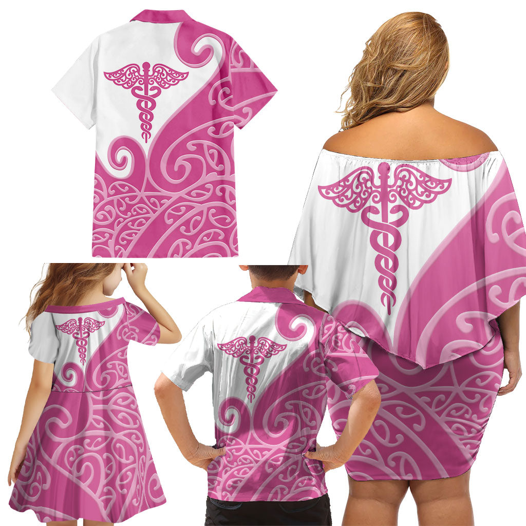 Personalised New Zealand Nurse Family Matching Off Shoulder Short Dress and Hawaiian Shirt Maori Koru Pink Version