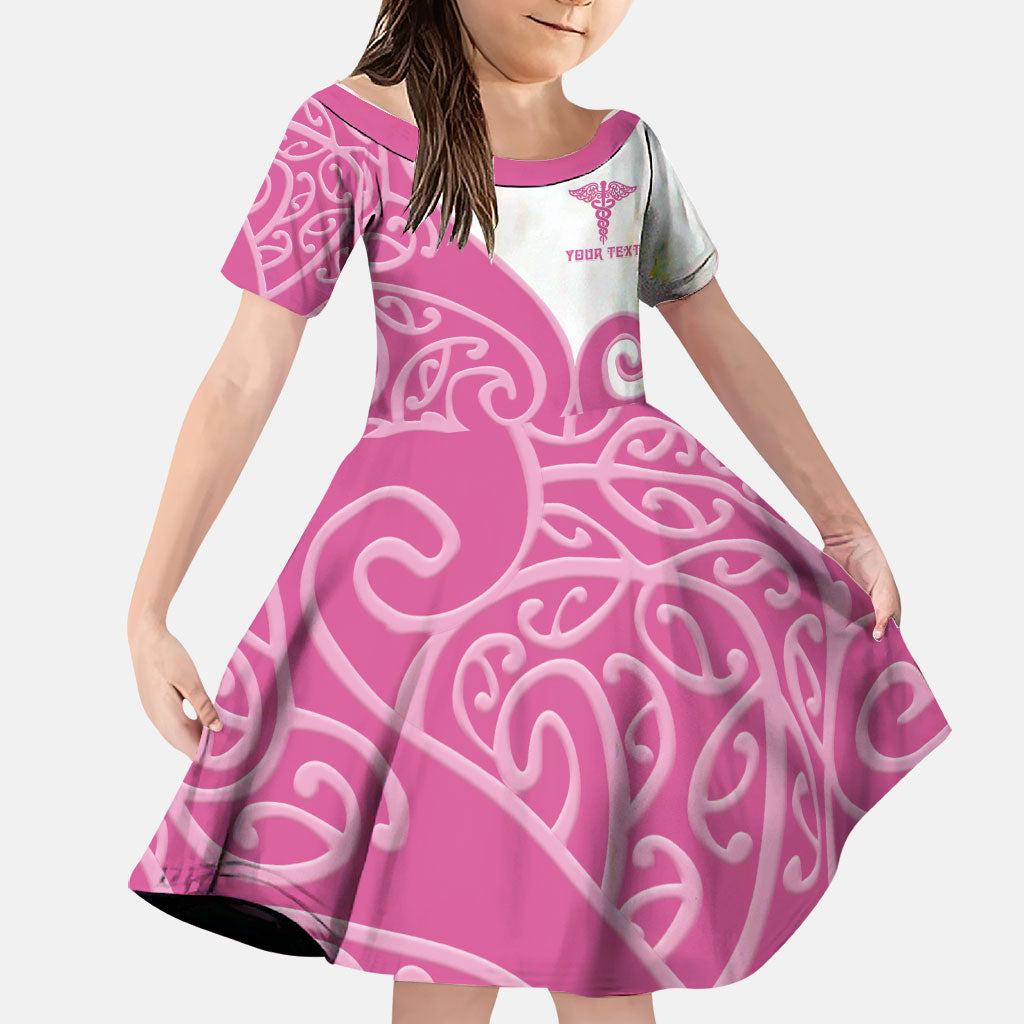 Personalised New Zealand Nurse Family Matching Summer Maxi Dress and Hawaiian Shirt Maori Koru Pink Version