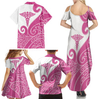 Personalised New Zealand Nurse Family Matching Summer Maxi Dress and Hawaiian Shirt Maori Koru Pink Version