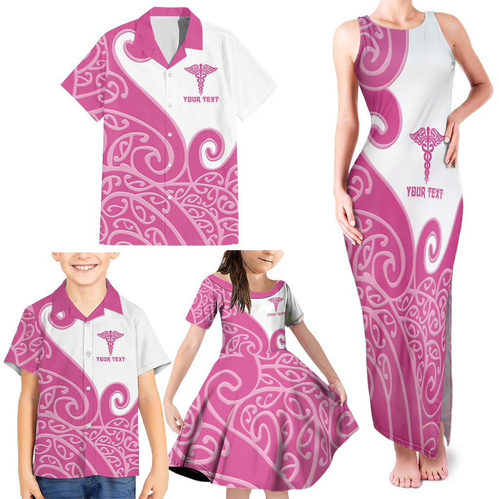 Personalised New Zealand Nurse Family Matching Tank Maxi Dress and Hawaiian Shirt Maori Koru Pink Version