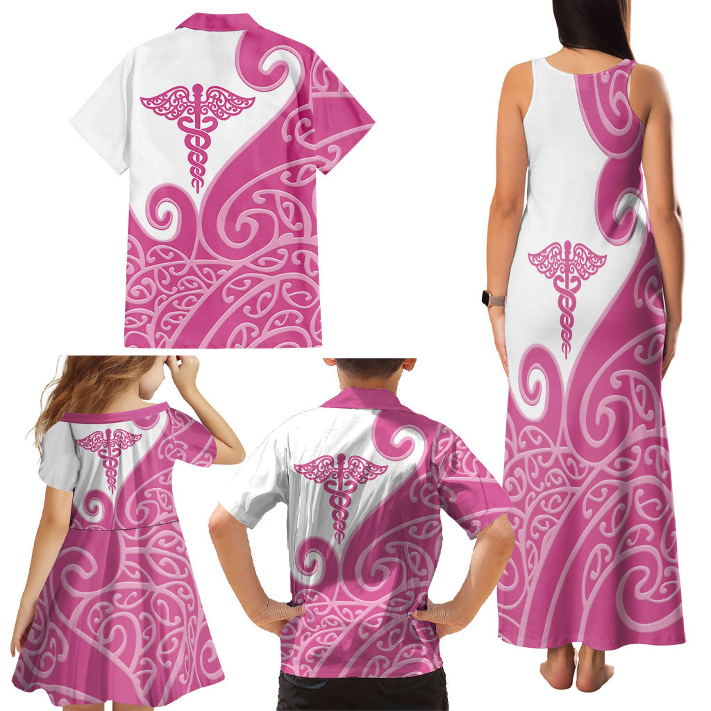Personalised New Zealand Nurse Family Matching Tank Maxi Dress and Hawaiian Shirt Maori Koru Pink Version