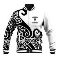 Personalised New Zealand Nurse Baseball Jacket Maori Koru Black Version