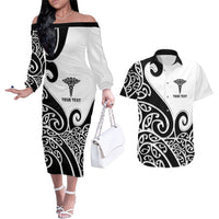 Personalised New Zealand Nurse Couples Matching Off The Shoulder Long Sleeve Dress and Hawaiian Shirt Maori Koru Black Version
