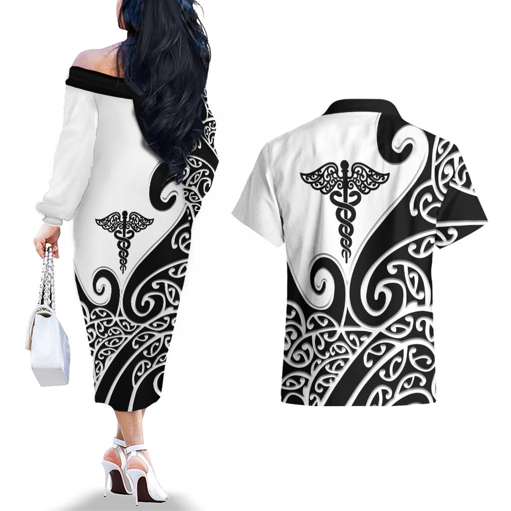 Personalised New Zealand Nurse Couples Matching Off The Shoulder Long Sleeve Dress and Hawaiian Shirt Maori Koru Black Version
