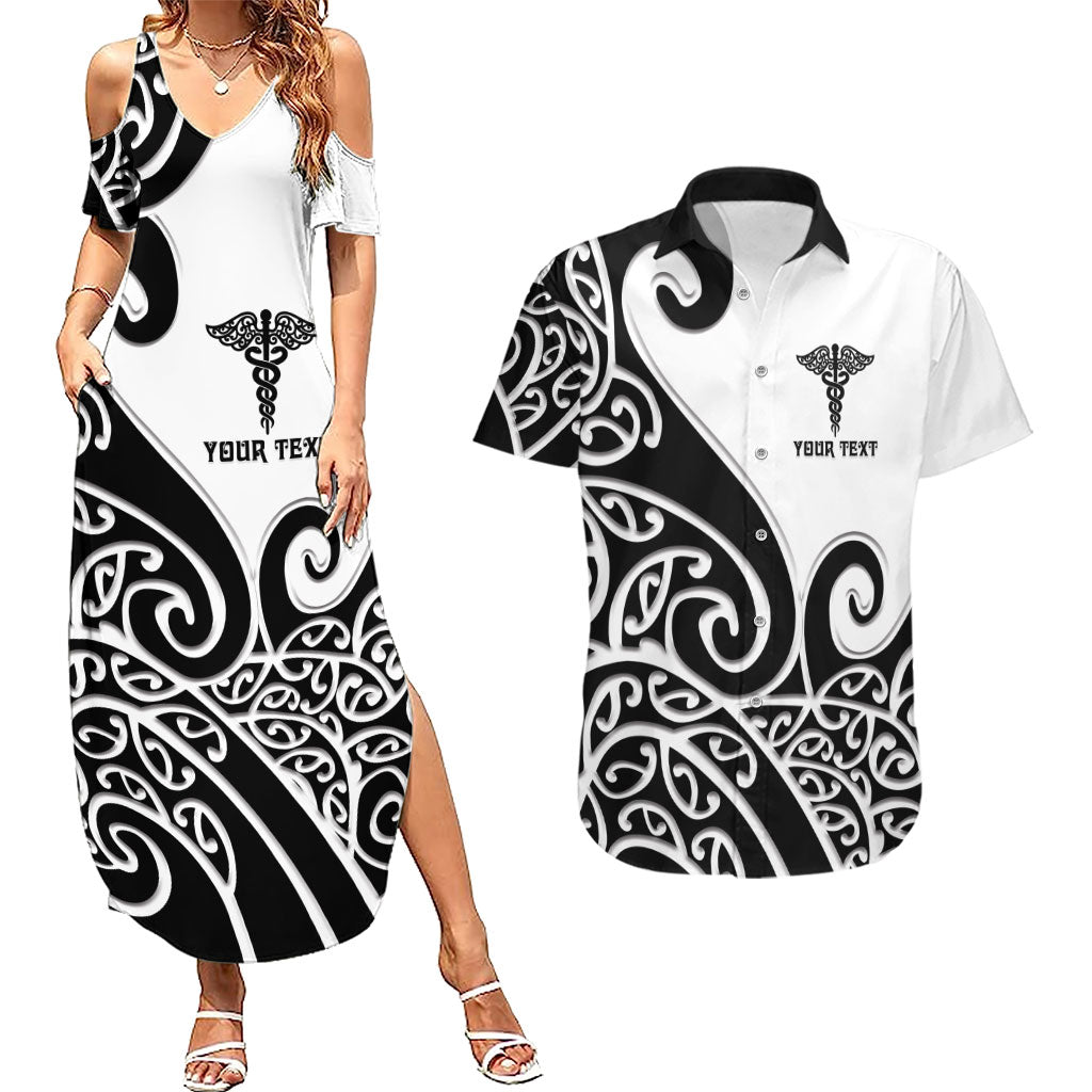 Personalised New Zealand Nurse Couples Matching Summer Maxi Dress and Hawaiian Shirt Maori Koru Black Version