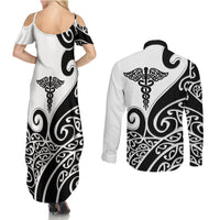 Personalised New Zealand Nurse Couples Matching Summer Maxi Dress and Long Sleeve Button Shirt Maori Koru Black Version