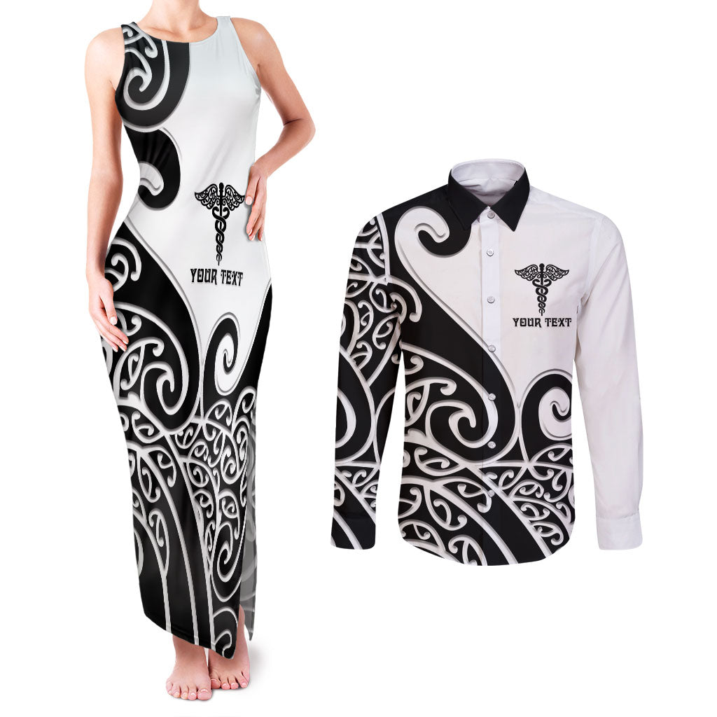 Personalised New Zealand Nurse Couples Matching Tank Maxi Dress and Long Sleeve Button Shirt Maori Koru Black Version