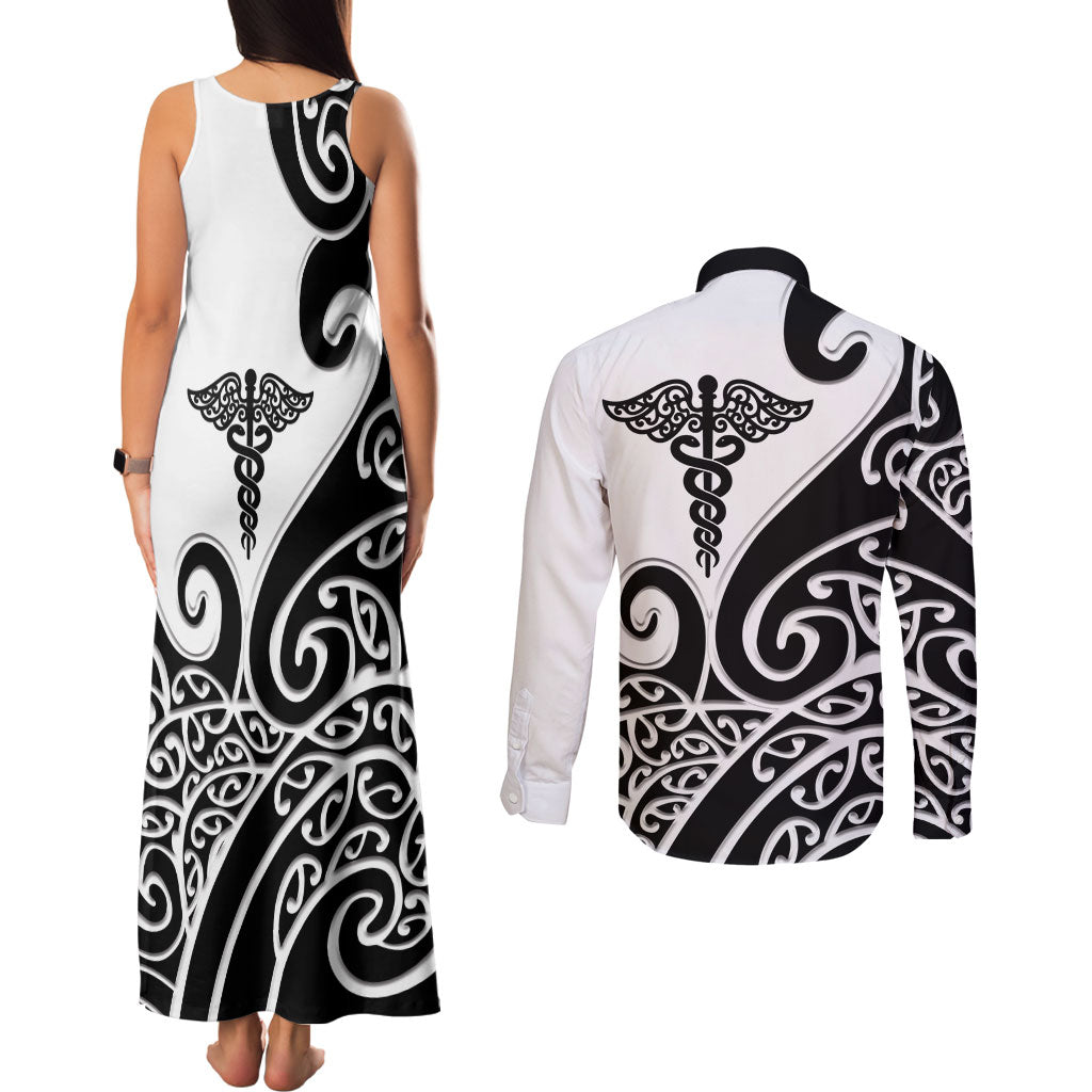 Personalised New Zealand Nurse Couples Matching Tank Maxi Dress and Long Sleeve Button Shirt Maori Koru Black Version