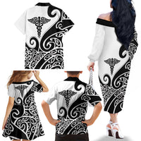 Personalised New Zealand Nurse Family Matching Off The Shoulder Long Sleeve Dress and Hawaiian Shirt Maori Koru Black Version
