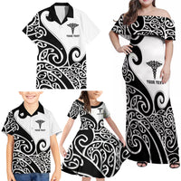 Personalised New Zealand Nurse Family Matching Off Shoulder Maxi Dress and Hawaiian Shirt Maori Koru Black Version