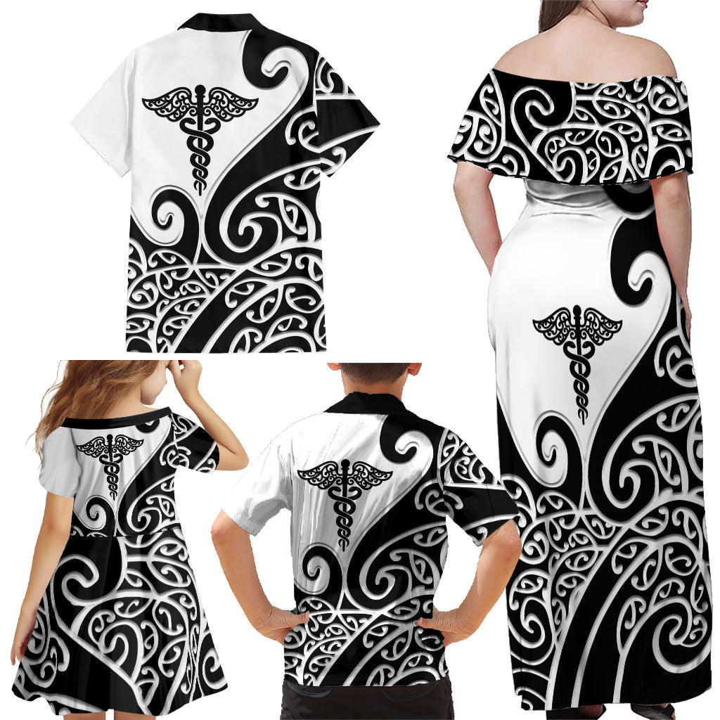 Personalised New Zealand Nurse Family Matching Off Shoulder Maxi Dress and Hawaiian Shirt Maori Koru Black Version