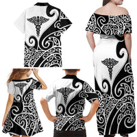 Personalised New Zealand Nurse Family Matching Off Shoulder Maxi Dress and Hawaiian Shirt Maori Koru Black Version
