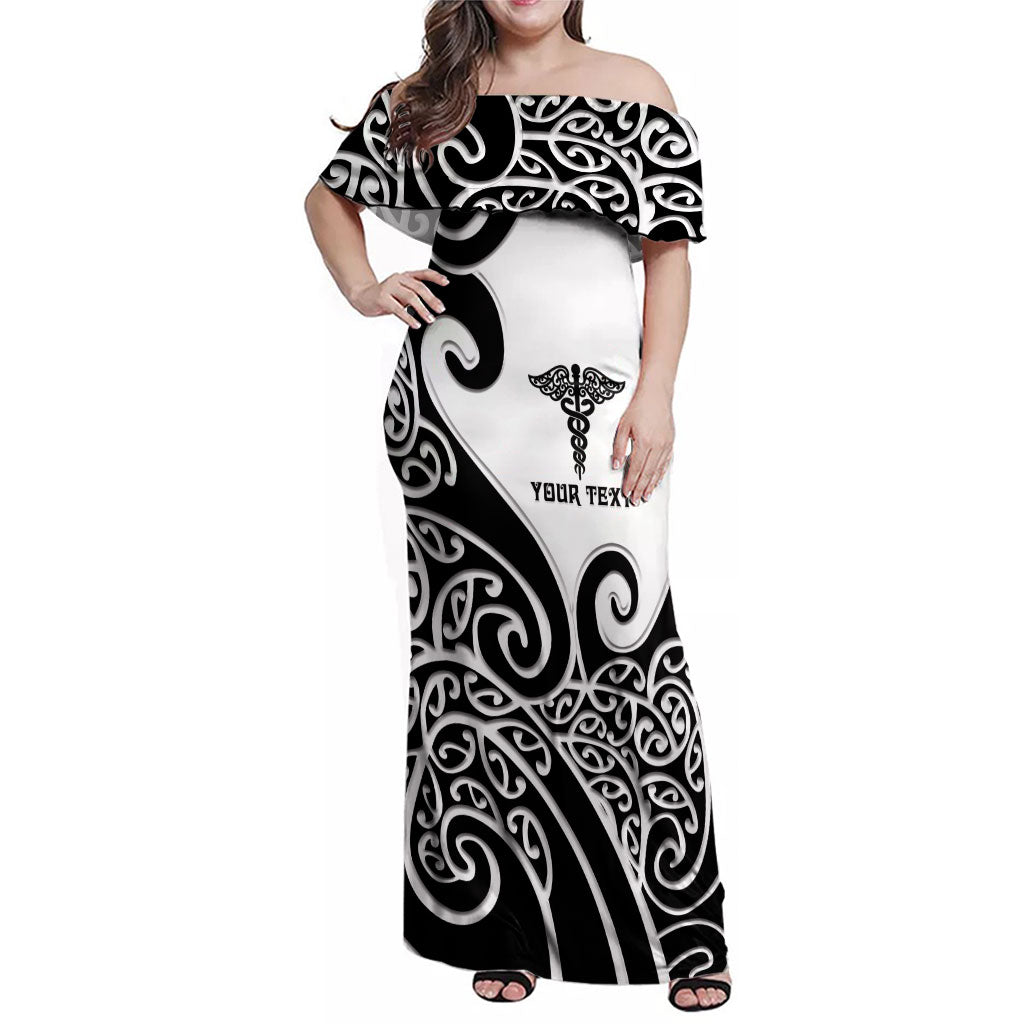 Personalised New Zealand Nurse Family Matching Off Shoulder Maxi Dress and Hawaiian Shirt Maori Koru Black Version