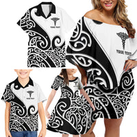 Personalised New Zealand Nurse Family Matching Off Shoulder Short Dress and Hawaiian Shirt Maori Koru Black Version