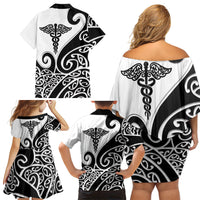 Personalised New Zealand Nurse Family Matching Off Shoulder Short Dress and Hawaiian Shirt Maori Koru Black Version