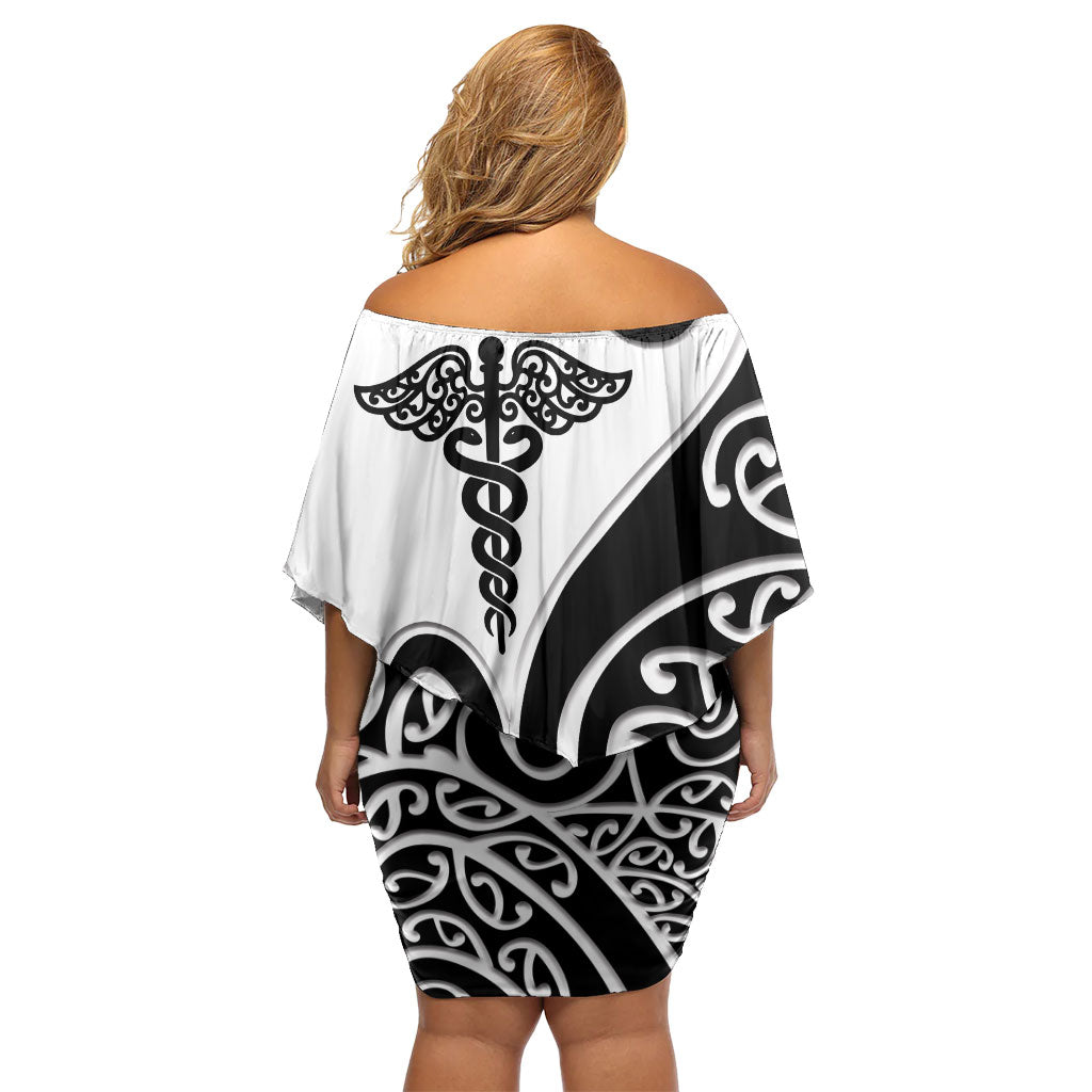 Personalised New Zealand Nurse Family Matching Off Shoulder Short Dress and Hawaiian Shirt Maori Koru Black Version