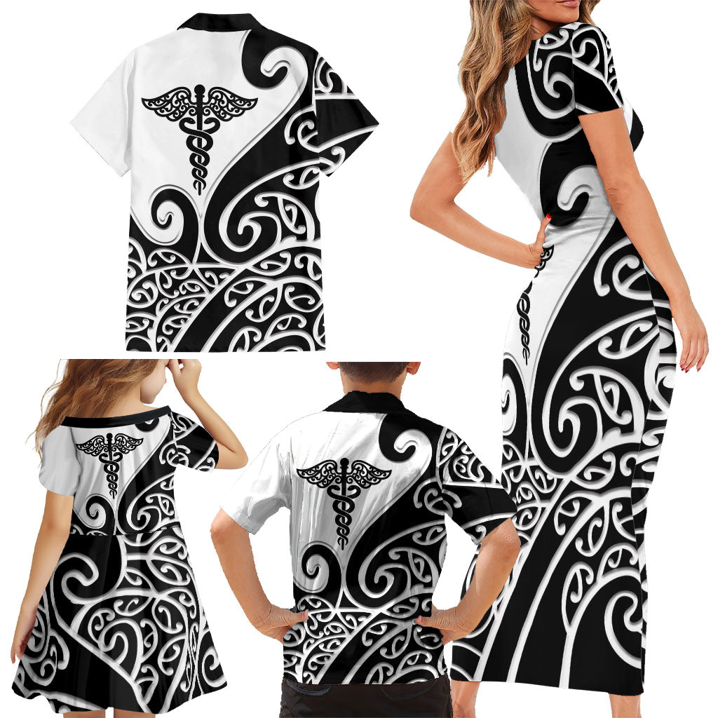 Personalised New Zealand Nurse Family Matching Short Sleeve Bodycon Dress and Hawaiian Shirt Maori Koru Black Version