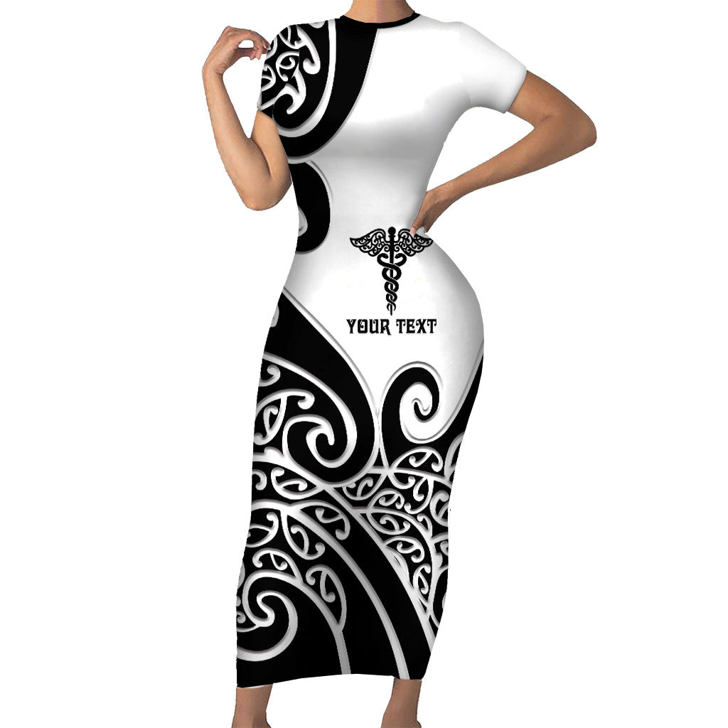 Personalised New Zealand Nurse Family Matching Short Sleeve Bodycon Dress and Hawaiian Shirt Maori Koru Black Version