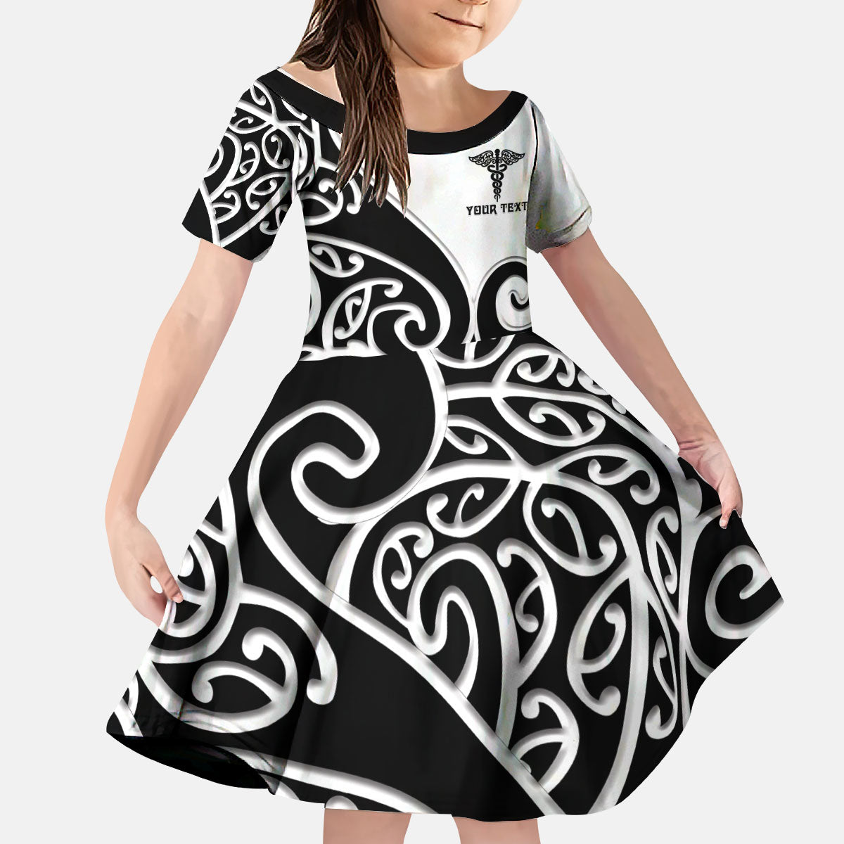 Personalised New Zealand Nurse Kid Short Sleeve Dress Maori Koru Black Version