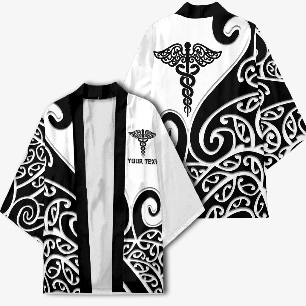 Personalised New Zealand Nurse Kimono Maori Koru Black Version