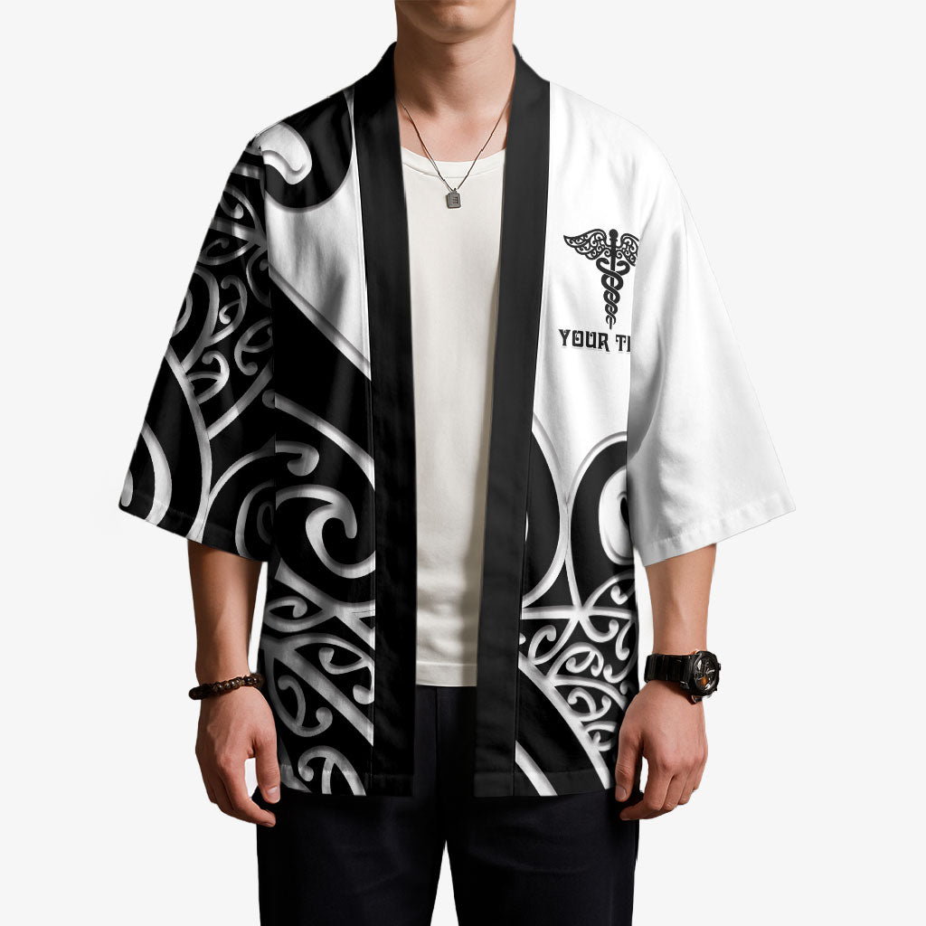 Personalised New Zealand Nurse Kimono Maori Koru Black Version