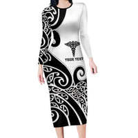 Personalised New Zealand Nurse Long Sleeve Bodycon Dress Maori Koru Black Version LT05 Long Dress Black - Polynesian Pride