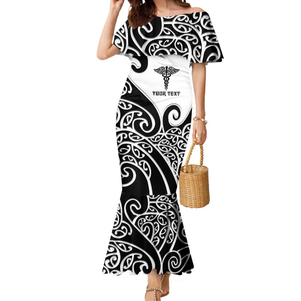Personalised New Zealand Nurse Mermaid Dress Maori Koru Black Version LT05 Women Black - Polynesian Pride