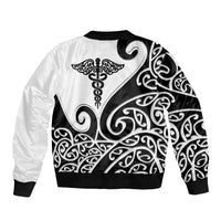Personalised New Zealand Nurse Sleeve Zip Bomber Jacket Maori Koru Black Version LT05 - Polynesian Pride