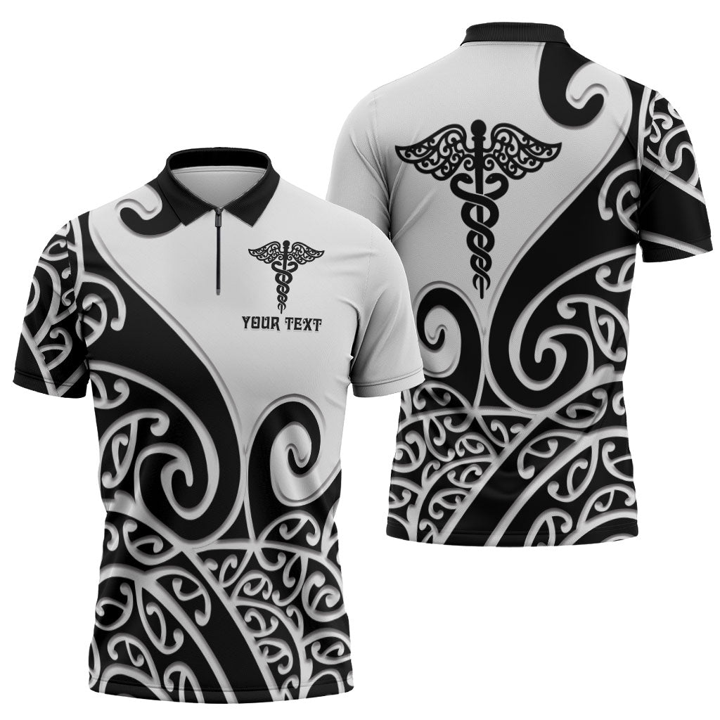 Personalised New Zealand Nurse Zipper Polo Shirt Maori Koru Black Version LT05 - Polynesian Pride