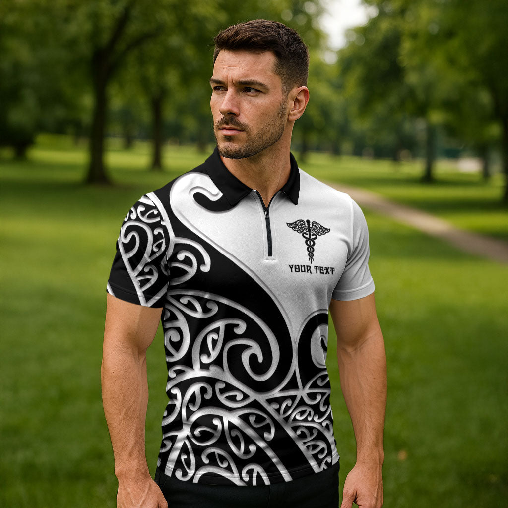Personalised New Zealand Nurse Zipper Polo Shirt Maori Koru Black Version LT05 - Polynesian Pride